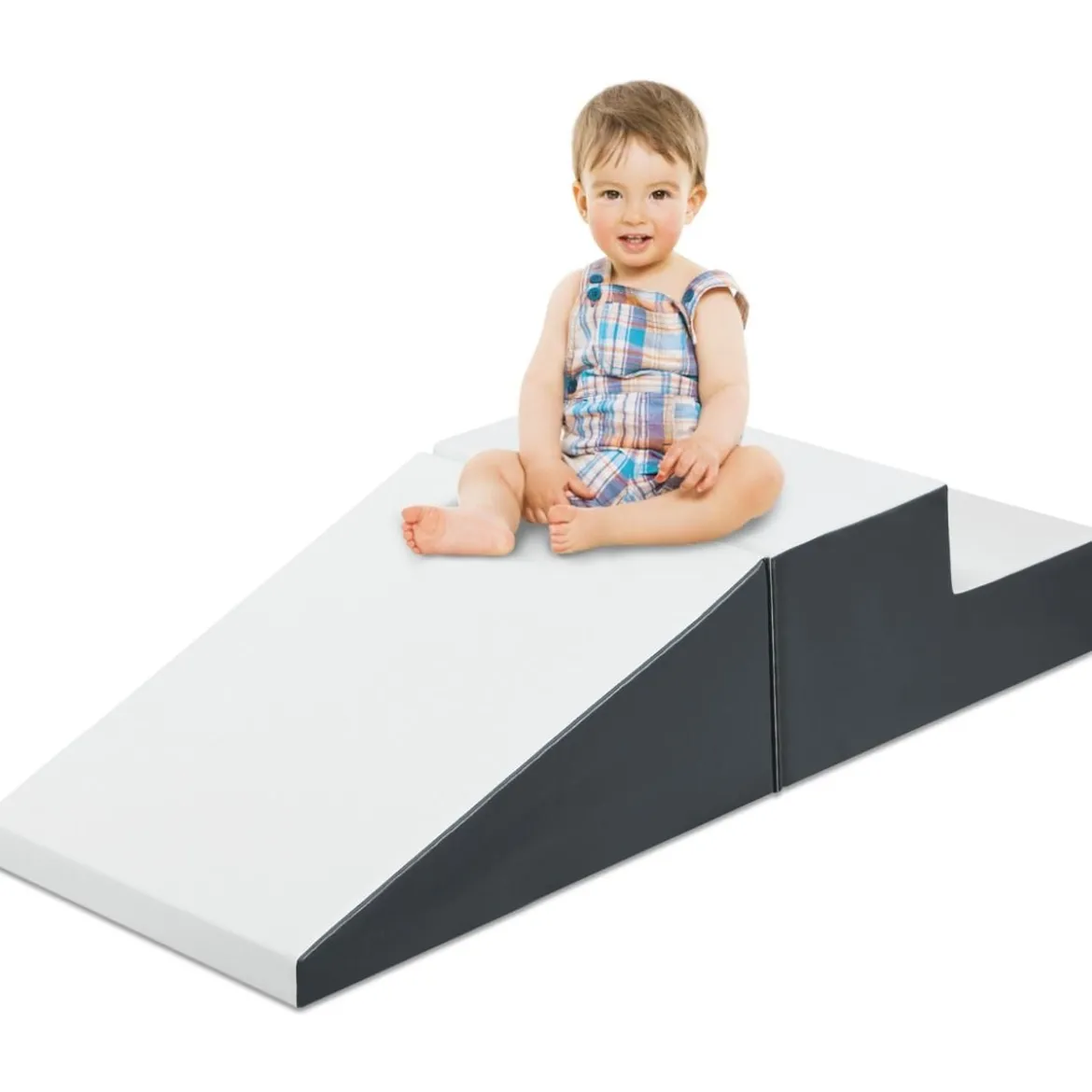 2TLG. Softbausteine Schaumstoff-Kleinkindertreppe & Rampenkletter-Spielzeug Weiß + Grau