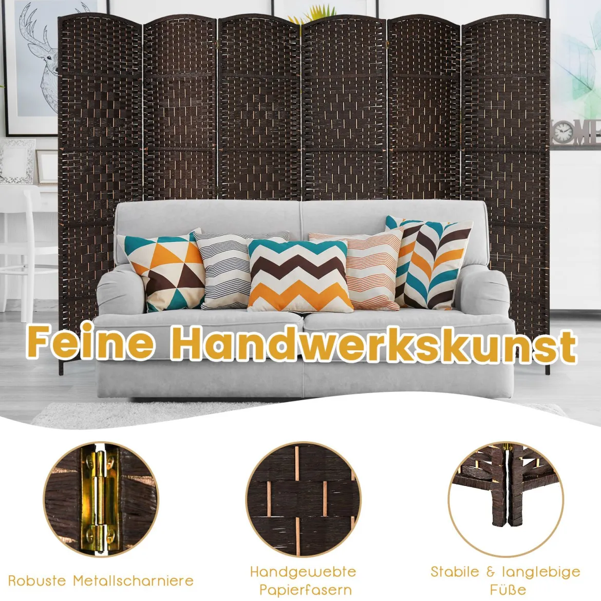 6 TLG. Trennwand mit Papierfaser & Pappelholzrahmen Klappbarer Raumteiler Paravent Braun