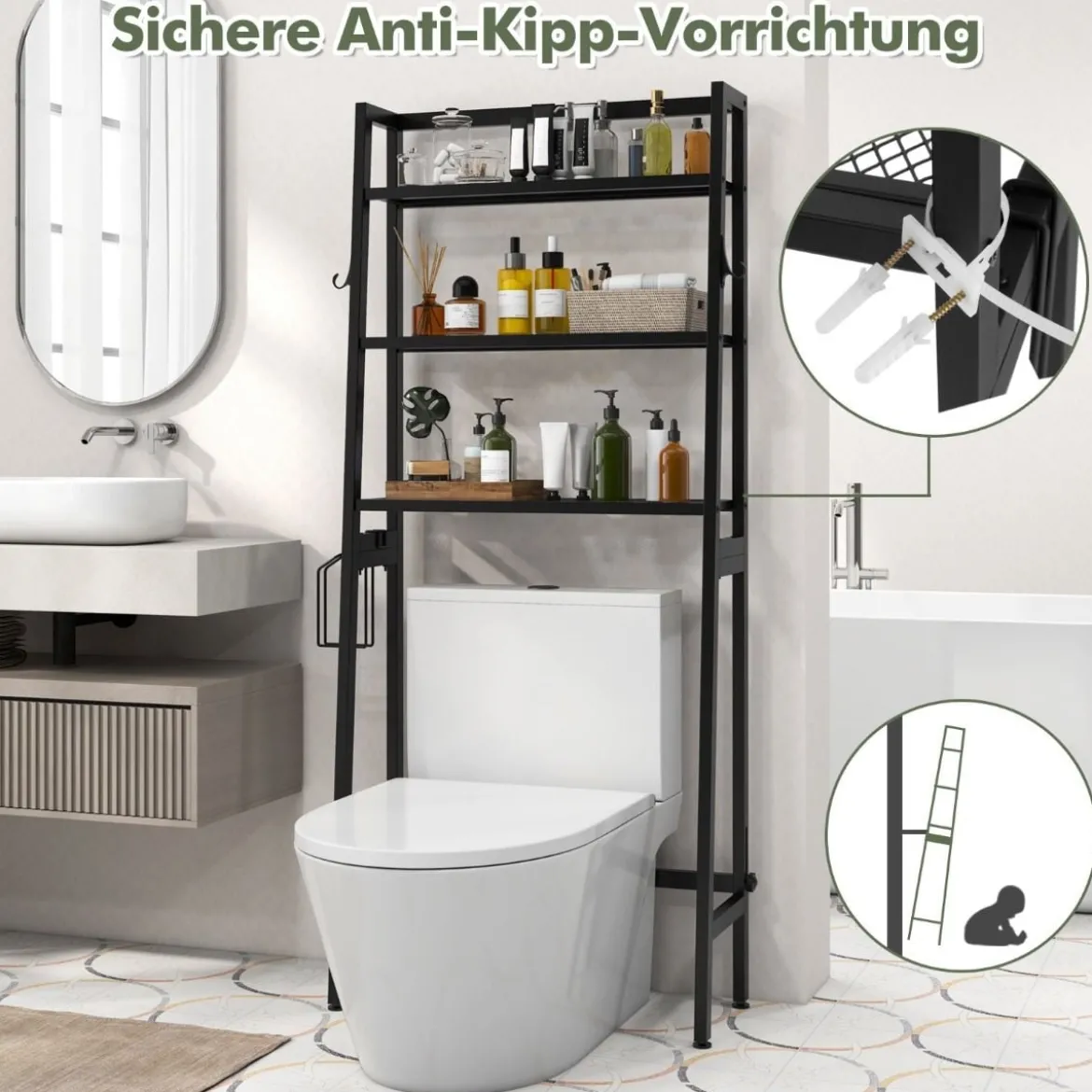 Toilettenregal freistehend Badezimmerregal mit verstellbaren Regalen 65 x 28 x 159 cm Schwarz