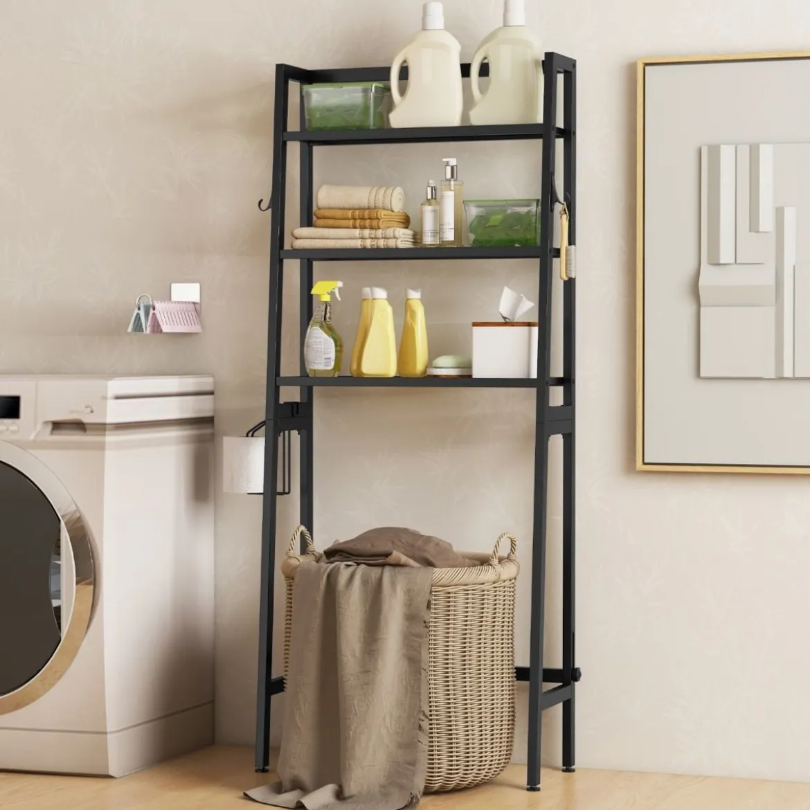 Toilettenregal freistehend Badezimmerregal mit verstellbaren Regalen 65 x 28 x 159 cm Schwarz