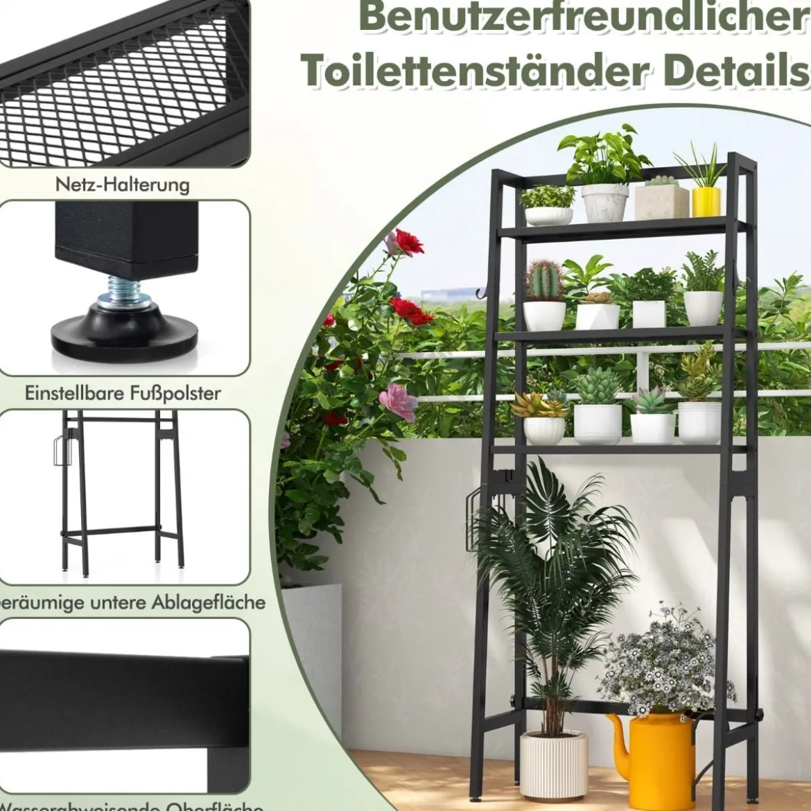 Toilettenregal freistehend Badezimmerregal mit verstellbaren Regalen 65 x 28 x 159 cm Schwarz