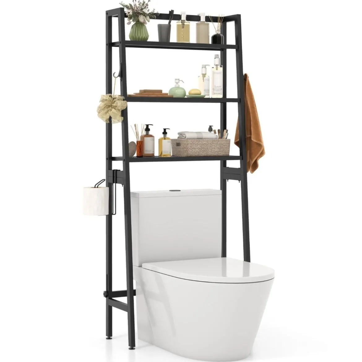 Toilettenregal freistehend Badezimmerregal mit verstellbaren Regalen 65 x 28 x 159 cm Schwarz