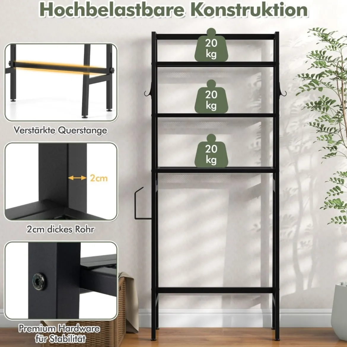 Toilettenregal freistehend Badezimmerregal mit verstellbaren Regalen 65 x 28 x 159 cm Schwarz