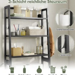 Toilettenregal freistehend Badezimmerregal mit verstellbaren Regalen 65 x 28 x 159 cm Schwarz