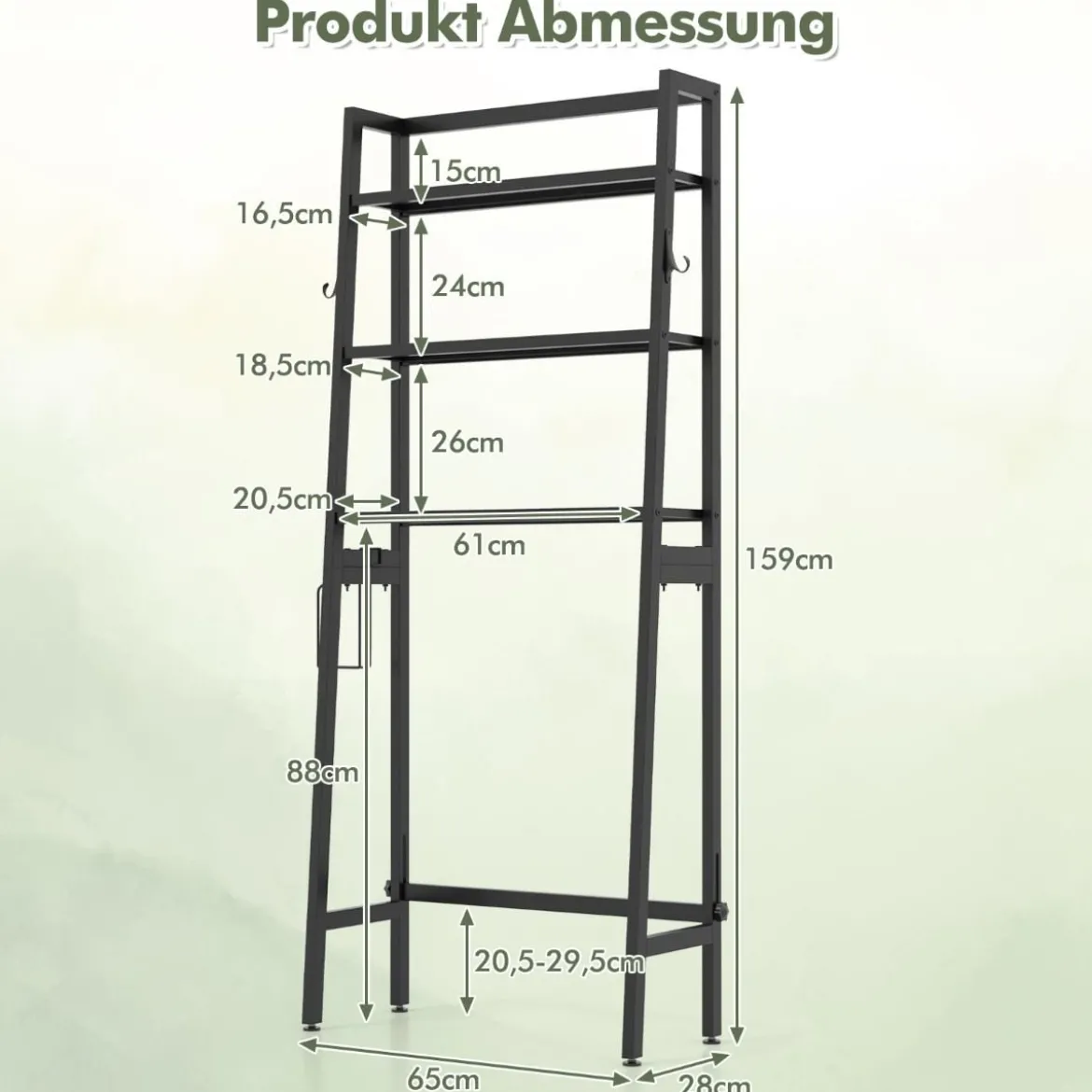 Toilettenregal freistehend Badezimmerregal mit verstellbaren Regalen 65 x 28 x 159 cm Schwarz