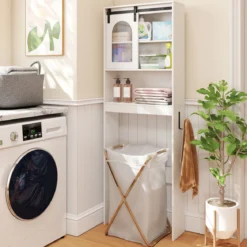 Toilettenschrank Badezimmer-Organizer im Bauernhausstil mit Schiebetür im Scheunentor-Design Weiß