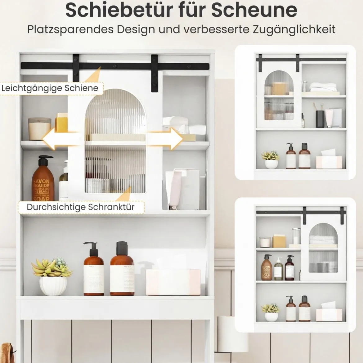 Toilettenschrank Badezimmer-Organizer im Bauernhausstil mit Schiebetür im Scheunentor-Design Weiß