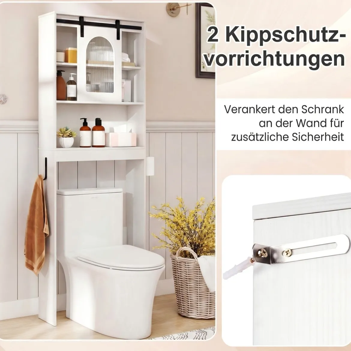 Toilettenschrank Badezimmer-Organizer im Bauernhausstil mit Schiebetür im Scheunentor-Design Weiß