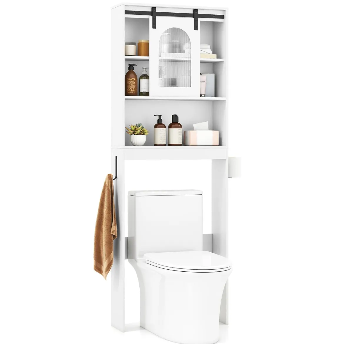 Toilettenschrank Badezimmer-Organizer im Bauernhausstil mit Schiebetür im Scheunentor-Design Weiß