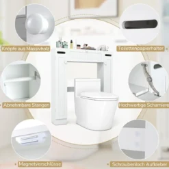 Toilettenschrank über Toilette Aufbewahrungsschrank mit Toilettenpapierhaltern Klapptür & verstellbaren Regalen Weiß