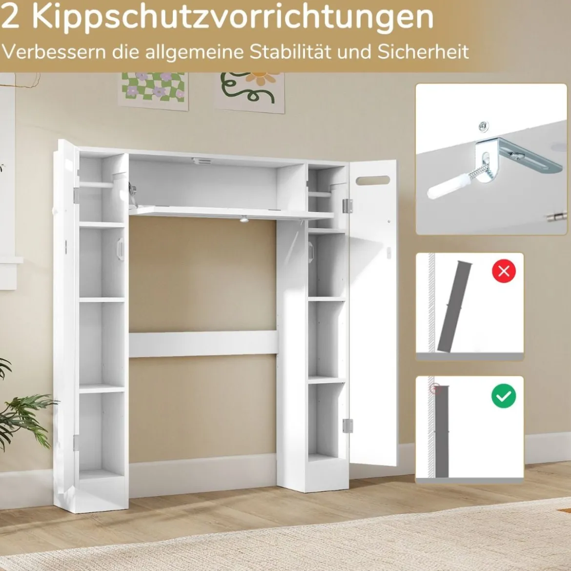 Toilettenschrank über Toilette Aufbewahrungsschrank mit Toilettenpapierhaltern Klapptür & verstellbaren Regalen Weiß
