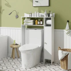 Toilettenschrank mit Toilettenpapierhalter & Verstellbaren Regalen Toilettenregal Badschrank Weiß