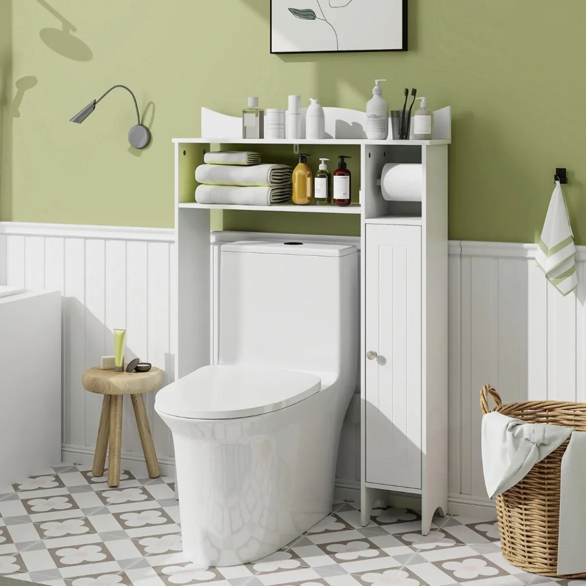 Toilettenschrank mit Toilettenpapierhalter & Verstellbaren Regalen Toilettenregal Badschrank Weiß