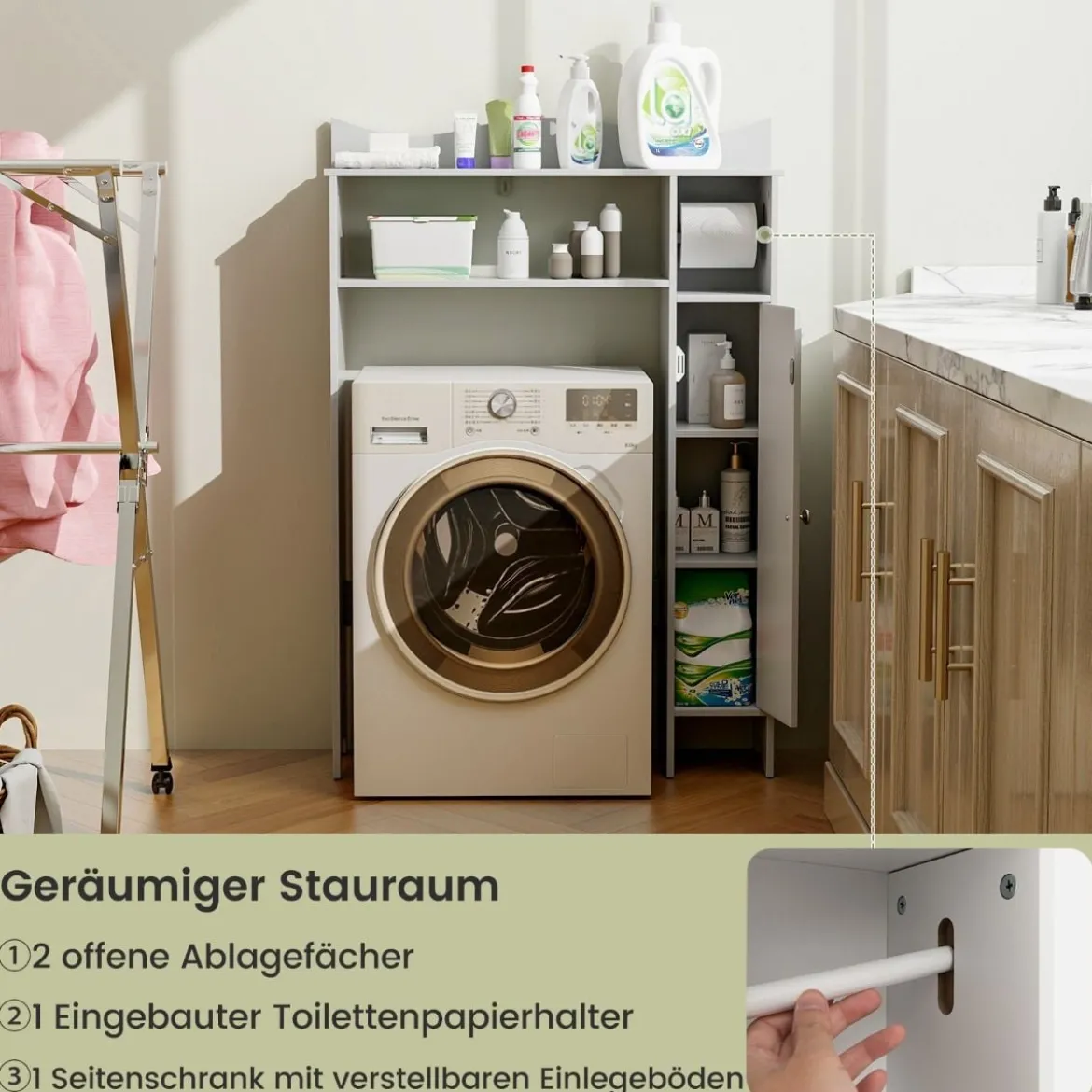 Toilettenschrank mit Toilettenpapierhalter & Verstellbaren Regalen Toilettenregal Badschrank Weiß