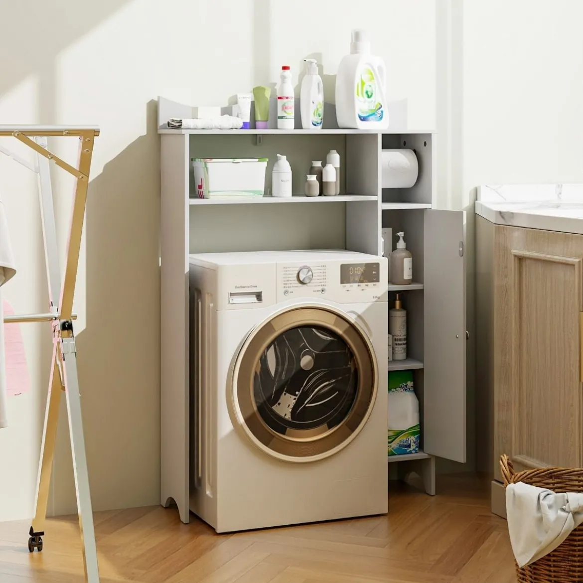Toilettenschrank mit Toilettenpapierhalter & Verstellbaren Regalen Toilettenregal Badschrank Weiß