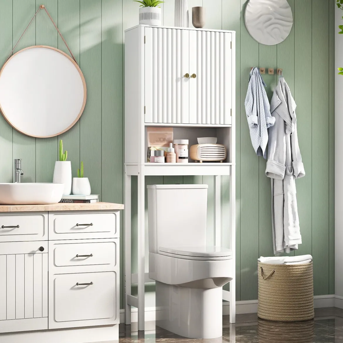 Toilettenschrank mit Türen & Verstellbarem Fach & Unterer Stange Platzsparendes Toilettenregal Weiß