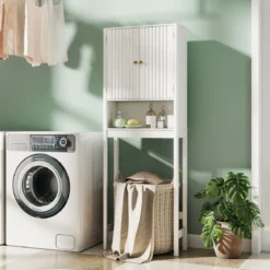 Toilettenschrank mit Türen & Verstellbarem Fach & Unterer Stange Platzsparendes Toilettenregal Weiß