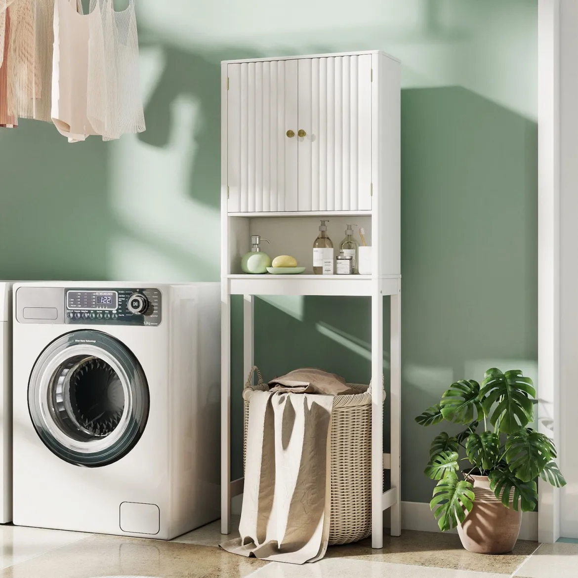 Toilettenschrank mit Türen & Verstellbarem Fach & Unterer Stange Platzsparendes Toilettenregal Weiß
