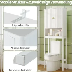 Toilettenschrank mit Türen & Verstellbarem Fach & Unterer Stange Platzsparendes Toilettenregal Weiß