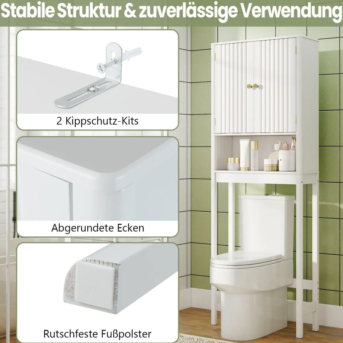 Toilettenschrank mit Türen & Verstellbarem Fach & Unterer Stange Platzsparendes Toilettenregal Weiß