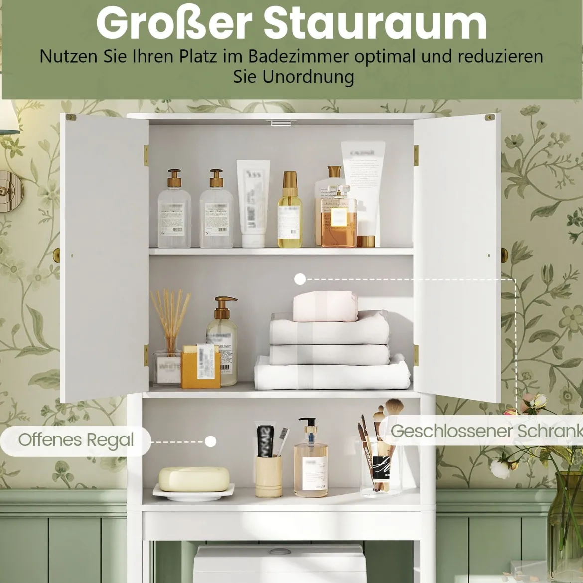 Toilettenschrank mit Türen & Verstellbarem Fach & Unterer Stange Platzsparendes Toilettenregal Weiß