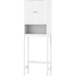 Toilettenschrank mit Türen & Verstellbarem Fach & Unterer Stange Platzsparendes Toilettenregal Weiß