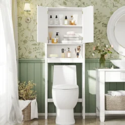 Toilettenschrank mit Türen & Verstellbarem Fach & Unterer Stange Platzsparendes Toilettenregal Weiß