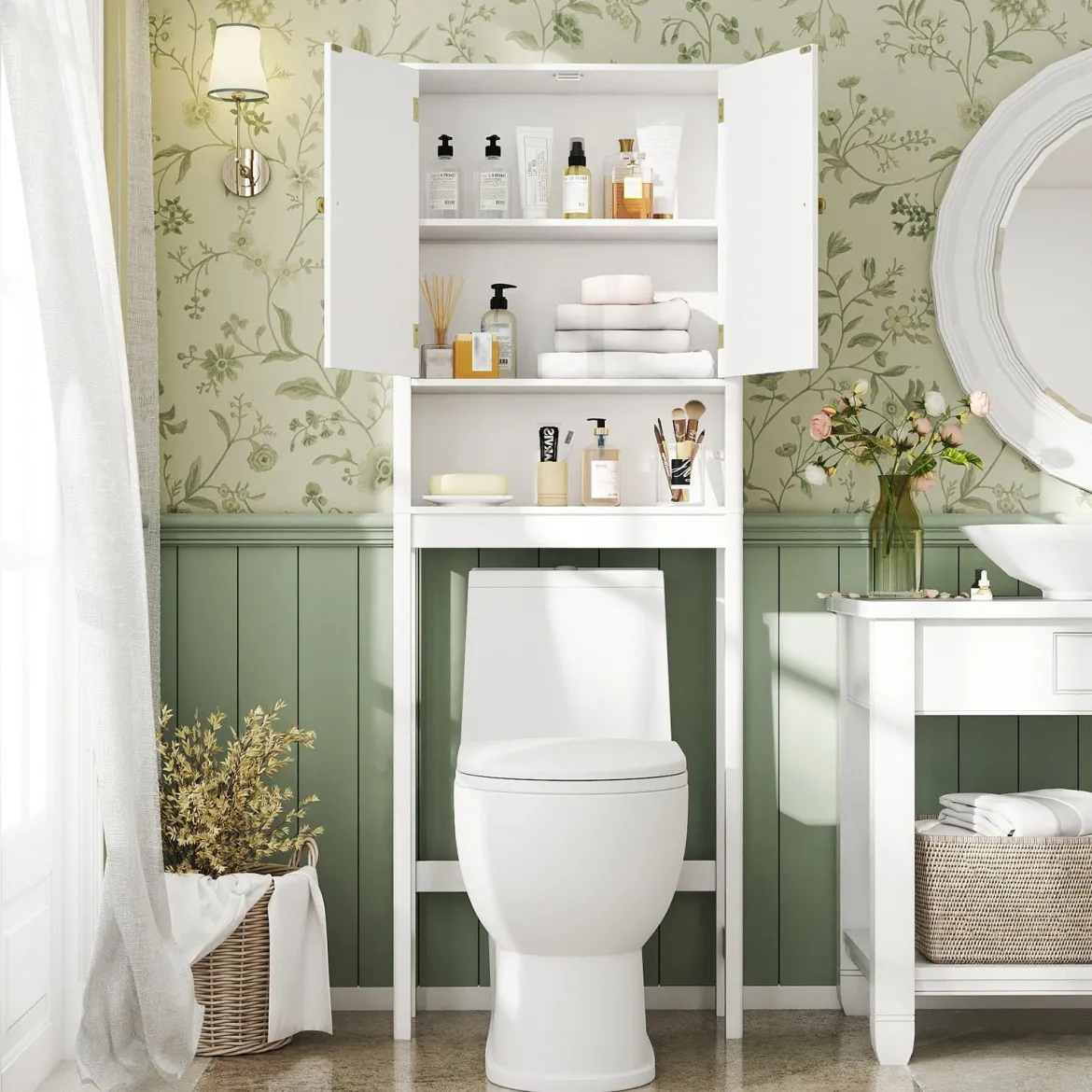 Toilettenschrank mit Türen & Verstellbarem Fach & Unterer Stange Platzsparendes Toilettenregal Weiß