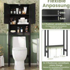 Toilettenschrank mit Türen & Verstellbarem Fach & Unterer Stange Platzsparendes Toilettenregal Schwarz