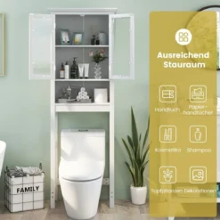 Toilettenschrank mit Verstellbarer Ablage Waschmaschinenschrank mit Glastür 60 x 30 x 173 cm Weiß