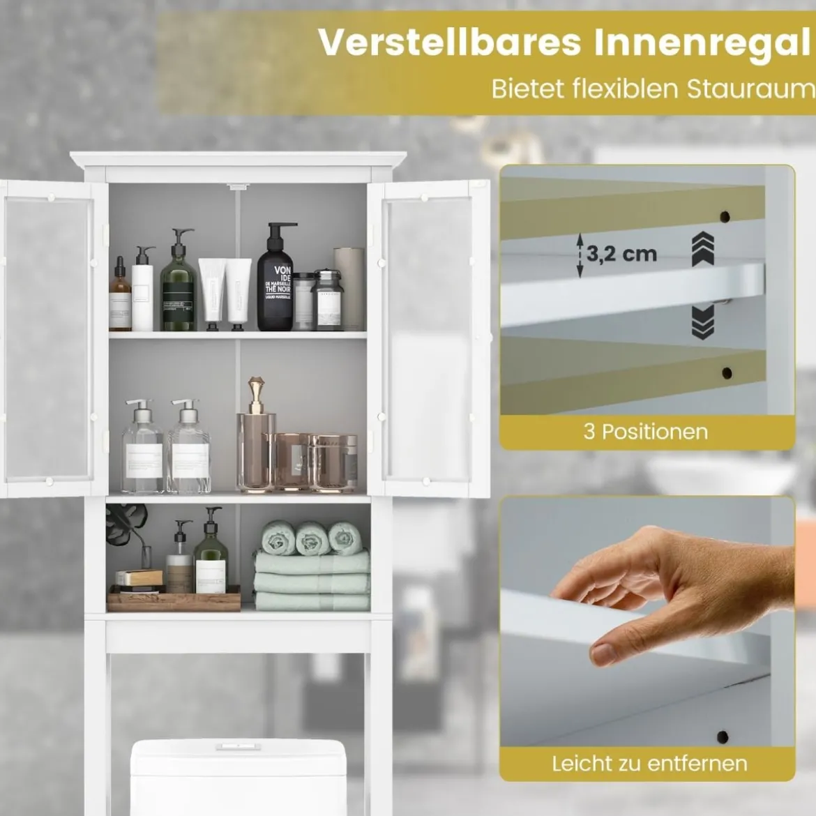 Toilettenschrank mit Verstellbarer Ablage Waschmaschinenschrank mit Glastür 60 x 30 x 173 cm Weiß