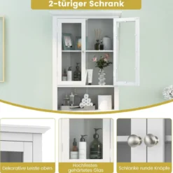 Toilettenschrank mit Verstellbarer Ablage Waschmaschinenschrank mit Glastür 60 x 30 x 173 cm Weiß