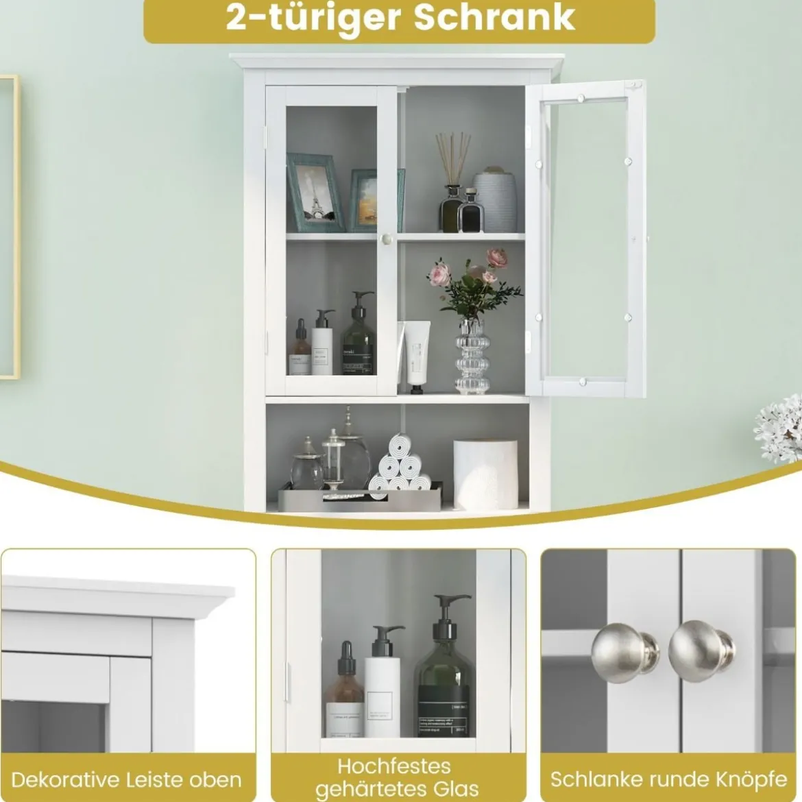Toilettenschrank mit Verstellbarer Ablage Waschmaschinenschrank mit Glastür 60 x 30 x 173 cm Weiß