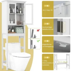 Toilettenschrank mit Verstellbarer Ablage Waschmaschinenschrank mit Glastür 60 x 30 x 173 cm Weiß