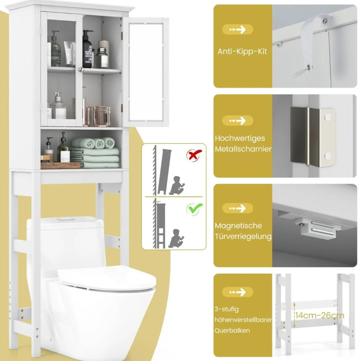 Toilettenschrank mit Verstellbarer Ablage Waschmaschinenschrank mit Glastür 60 x 30 x 173 cm Weiß