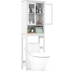 Toilettenschrank mit Verstellbarer Ablage Waschmaschinenschrank mit Glastür 60 x 30 x 173 cm Weiß