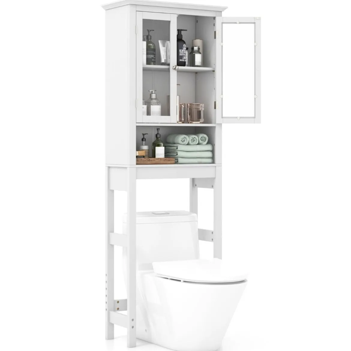 Toilettenschrank mit Verstellbarer Ablage Waschmaschinenschrank mit Glastür 60 x 30 x 173 cm Weiß