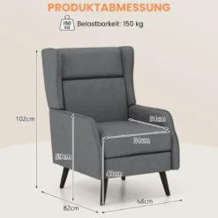 Traditioneller Ohrensessel aus Stoff mit Hoher Rückenlehne & Elastischen Taschenfedern Grau