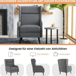 Traditioneller Ohrensessel aus Stoff mit Hoher Rückenlehne & Elastischen Taschenfedern Grau