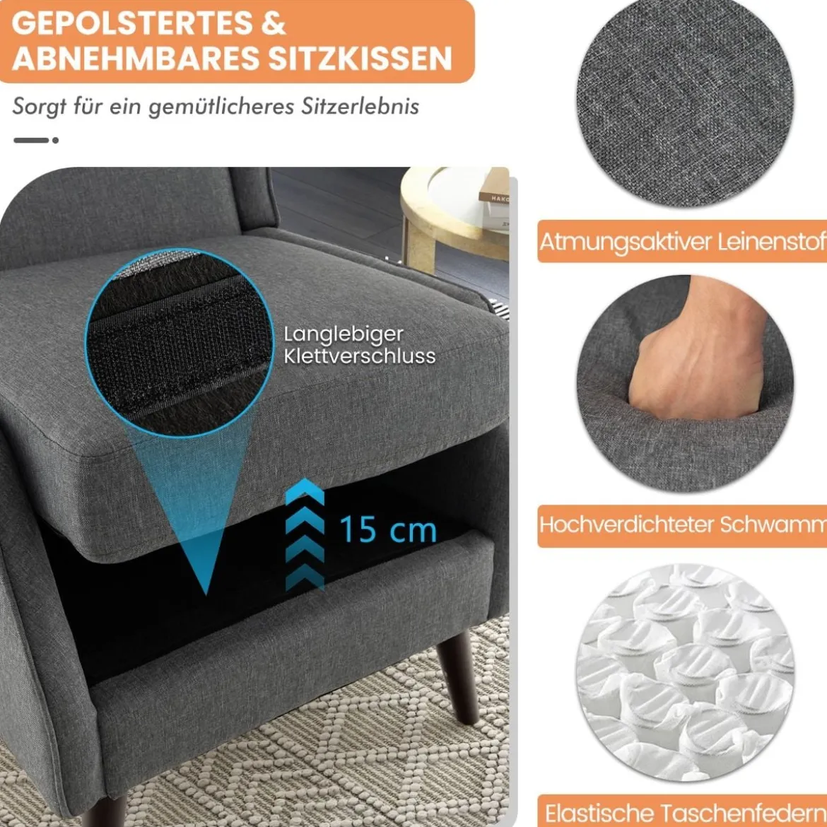 Traditioneller Ohrensessel aus Stoff mit Hoher Rückenlehne & Elastischen Taschenfedern Grau