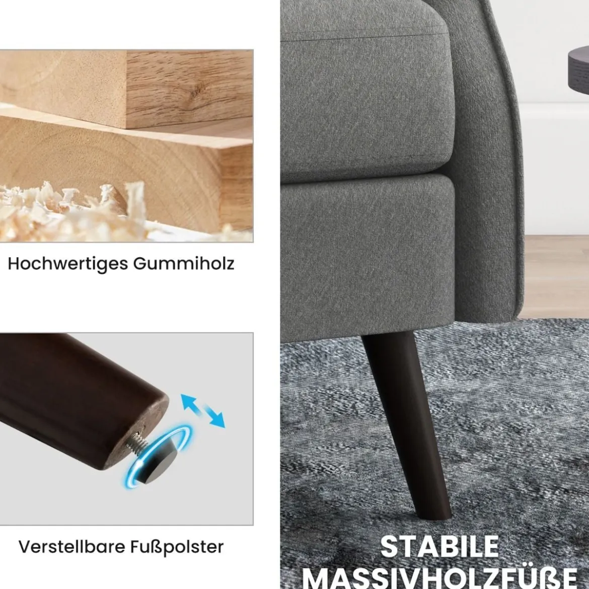 Traditioneller Ohrensessel aus Stoff mit Hoher Rückenlehne & Elastischen Taschenfedern Grau