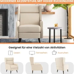 Traditioneller Ohrensessel aus Stoff mit Hoher Rückenlehne & Elastischen Taschenfedern Weiß