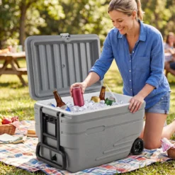 Tragbare Kühlbox auf Rollen Wetterfeste Isolierbox mit Klappbarem Zuggriff & 2 Leichtgängigen Rollen Grau 98 L