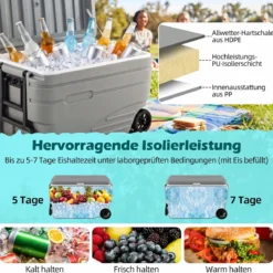 Tragbare Kühlbox auf Rollen Wetterfeste Isolierbox mit Klappbarem Zuggriff & 2 Leichtgängigen Rollen Grau 80 L