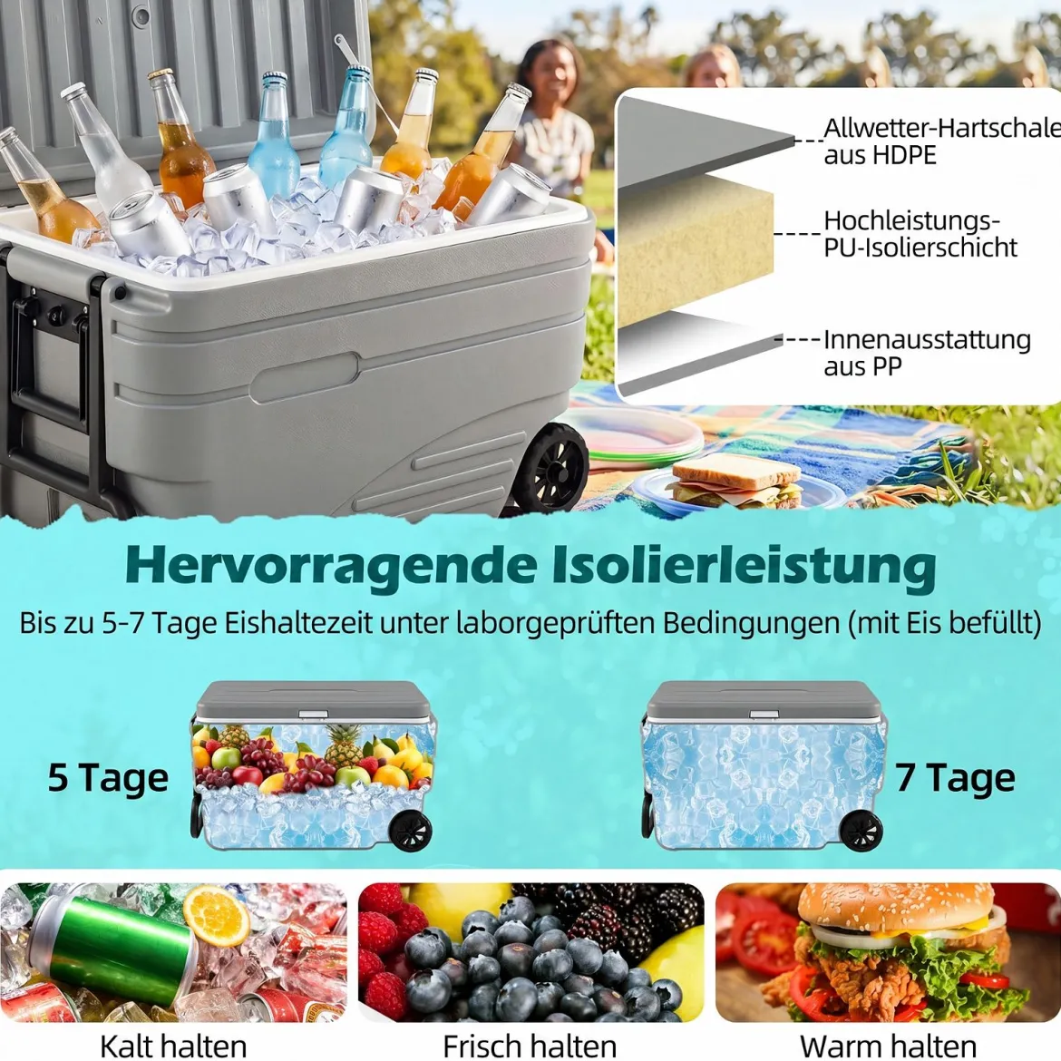 Tragbare Kühlbox auf Rollen Wetterfeste Isolierbox mit Klappbarem Zuggriff & 2 Leichtgängigen Rollen Grau 80 L