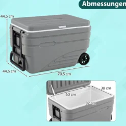 Tragbare Kühlbox auf Rollen Wetterfeste Isolierbox mit Klappbarem Zuggriff & 2 Leichtgängigen Rollen Grau 80 L