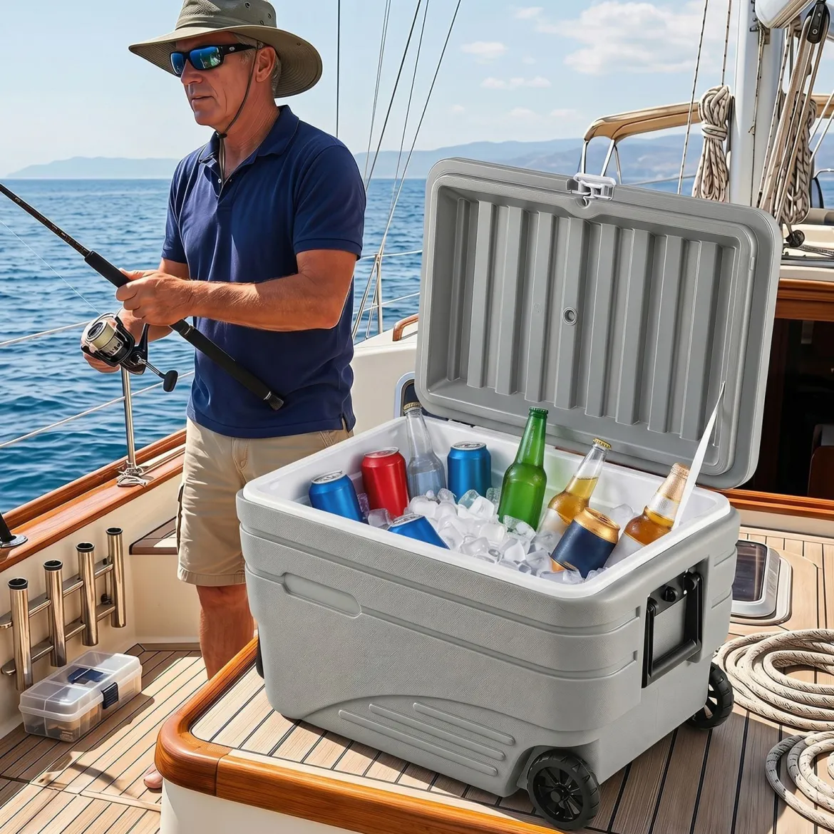 Tragbare Kühlbox auf Rollen Wetterfeste Isolierbox mit Klappbarem Zuggriff & 2 Leichtgängigen Rollen Grau 80 L