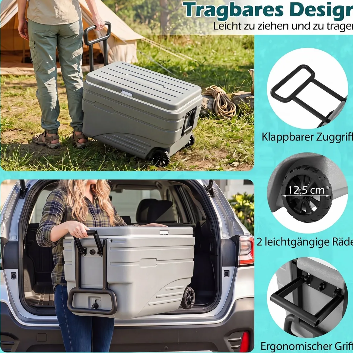 Tragbare Kühlbox auf Rollen Wetterfeste Isolierbox mit Klappbarem Zuggriff & 2 Leichtgängigen Rollen Grau 80 L