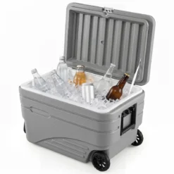 Tragbare Kühlbox auf Rollen Wetterfeste Isolierbox mit Klappbarem Zuggriff & 2 Leichtgängigen Rollen Grau 80 L