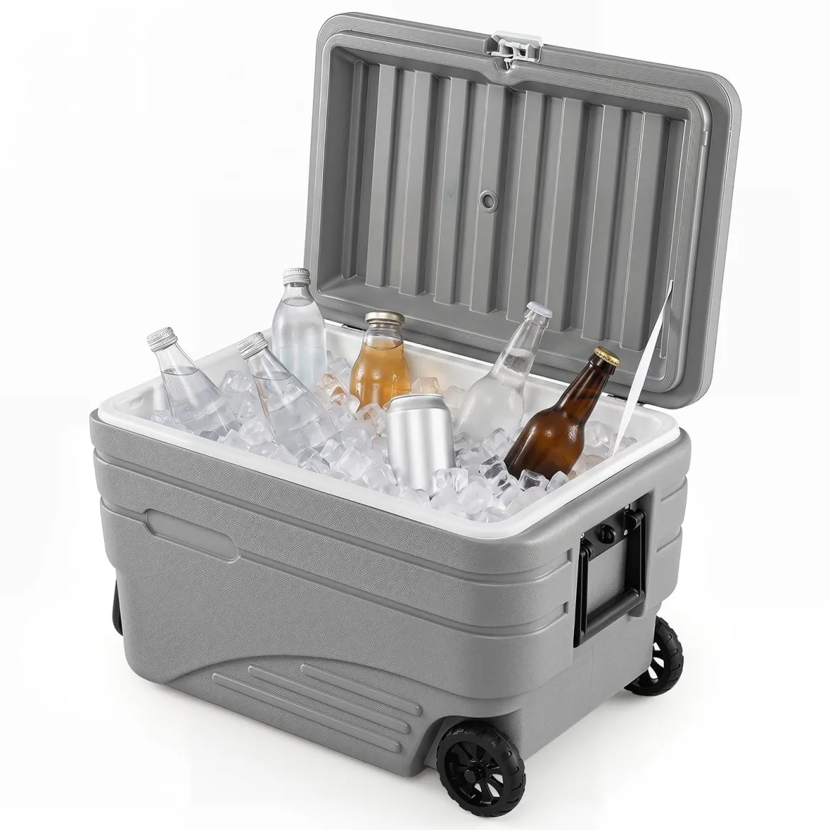 Tragbare Kühlbox auf Rollen Wetterfeste Isolierbox mit Klappbarem Zuggriff & 2 Leichtgängigen Rollen Grau 80 L